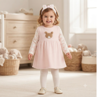 N34613:  Baby Girls Plush Fleece Pinafore Dress, Top & Headband Outfit (6-24 Months)